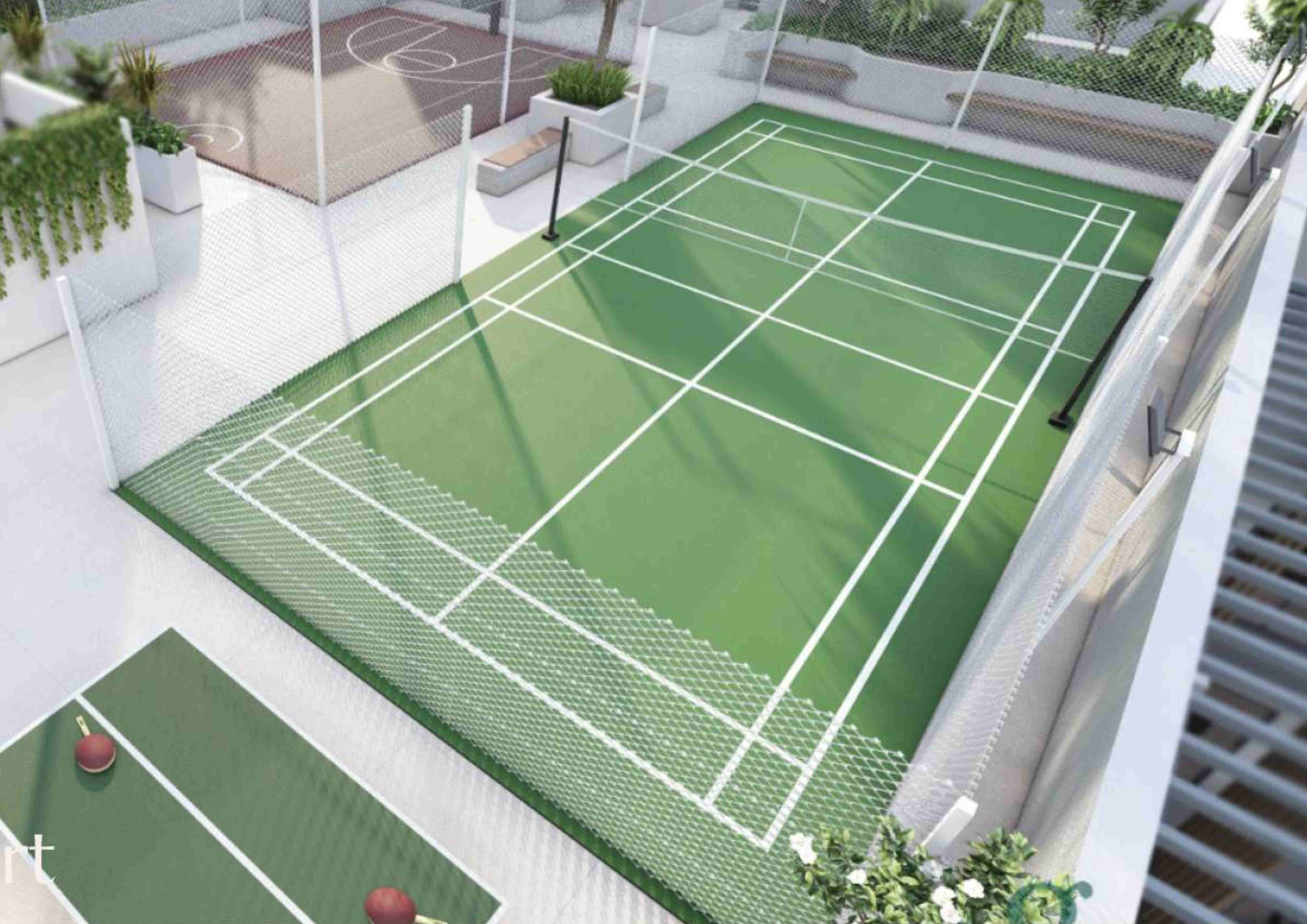 Badminton court and rooftop amenities